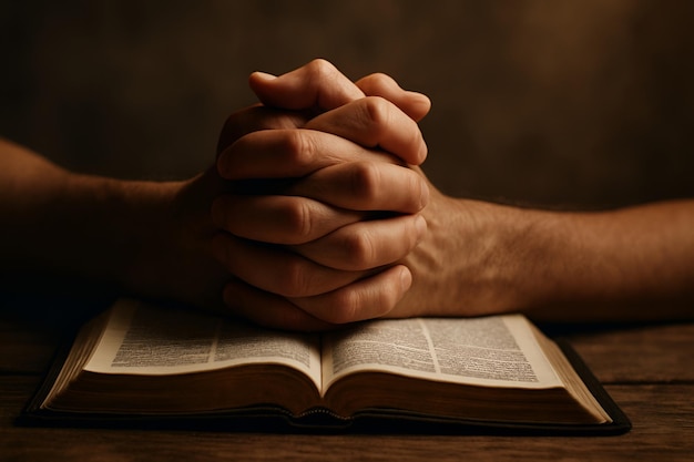 Ręce połączone w modlitwie nad otwartą Biblią