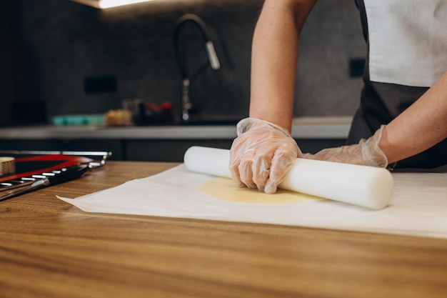 Ręce Pracują Z Ciastem, Aby Zrobić świeże Imbirowe Ciasteczka Ręce Kobiet Robią Ciasto Na Domowe Ciasteczka Na Drewnianym Stole Posypane Mąką Ręce Kobiet Rozwałkowują Ciasto