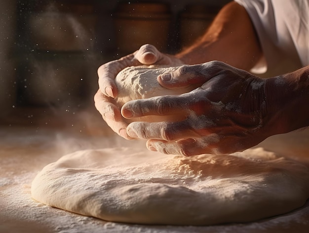 Ręce producenta pizzy fachowo ugniatające ciasto z mąką latające w powietrzu Generacyjna sztuczna inteligencja