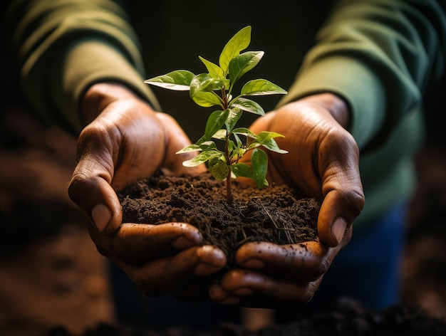 Ręce razem trzymają małą roślinę w żyznej glebie, dbają o zrównoważony rozwój środowiska, generowane przez sztuczną inteligencję