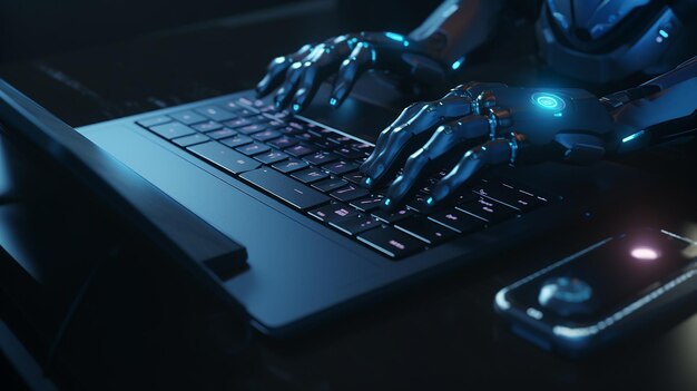 Ręce robota wskazują na przycisk laptopa doradca chatbot 3D