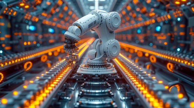 Ręce robotów przemysłowych pracujących na linii produkcyjnej fabryki Koncepcja sztucznej inteligencji