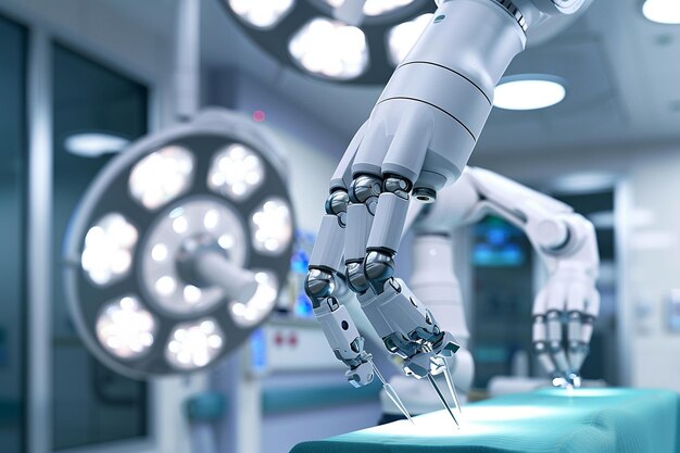 Ręce robotowe wykonujące precyzyjną operację w szpitalnej sali operacyjnej