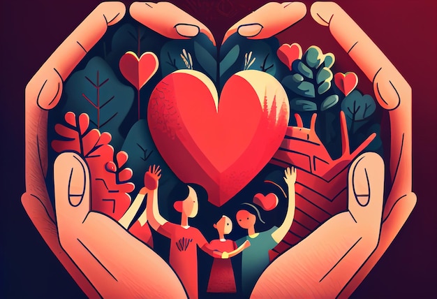 Ręce rodzinne trzymające czerwone serce serce ubezpieczenie zdrowotne charytatywna darowizna wolontariuszy Generuj Ai