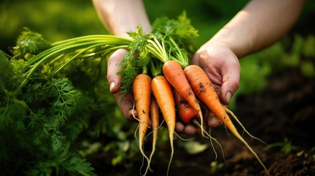 Ręce rolnika trzymają marchewki Rolnictwo ogrodnictwo uprawa warzyw stworzonych za pomocą generatywnej technologii sztucznej inteligencji