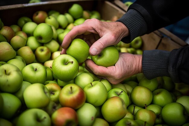 Ręce rolnika wybierają jabłka z kosza do produkcji wina