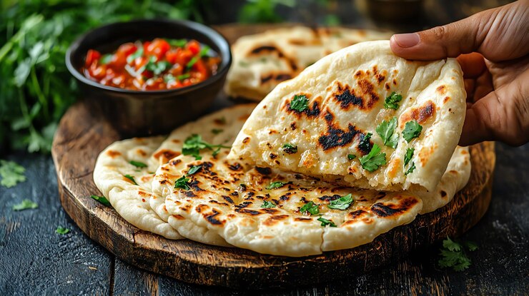 Zdjęcie ręce rozrywające kawałek naan z boku