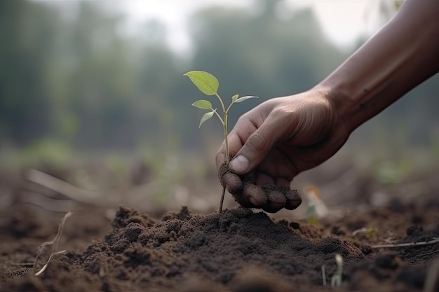 Ręce sadzące ziarno w glebie lasu Zbliżenie generatywne Ai