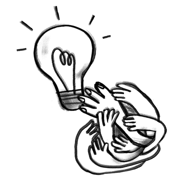 Ręce sięgające png żarówka kreatywne pomysły doodle przezroczysty tło