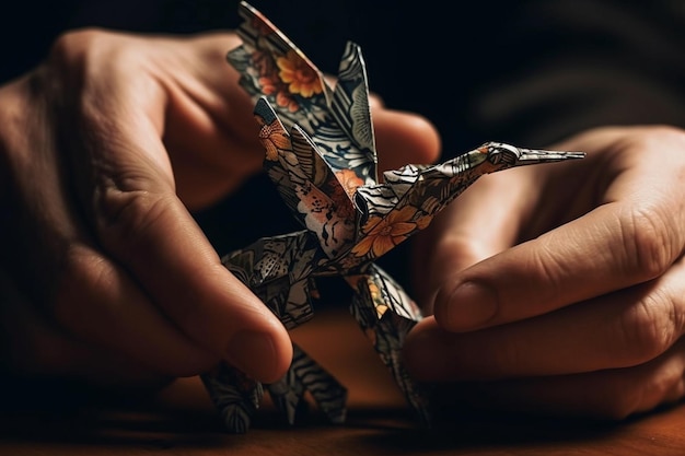 Ręce składające zawiły żuraw origami