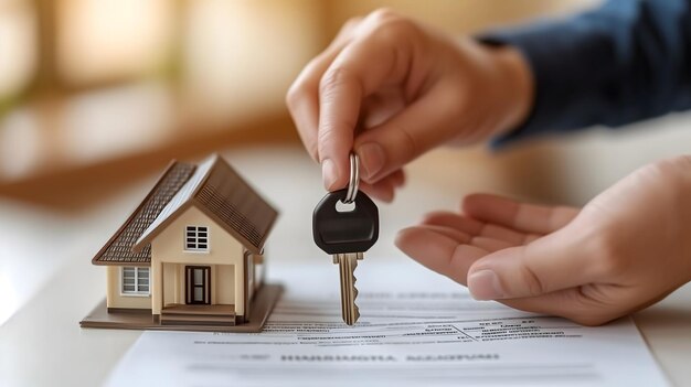Zdjęcie ręce sprzedawcy trzymające klucz w pobliżu modelu domu i papierowego dokumentu na stole sprzedaż lub wynajem domu