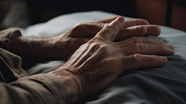Ręce starszej kobiety spoczywają na łóżku, z napisem miłość na lewej ręce.