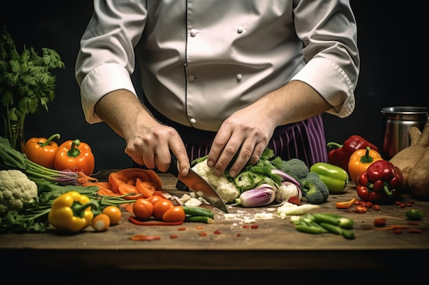 Zdjęcie ręce szefa kuchni cięcia warzyw