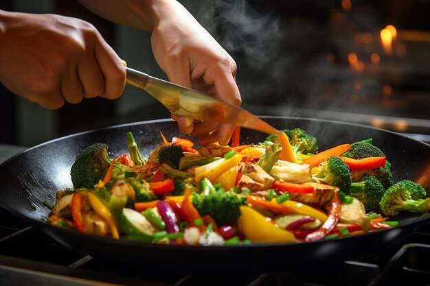 Ręce szefa kuchni dodają tofu do pysznej frytki