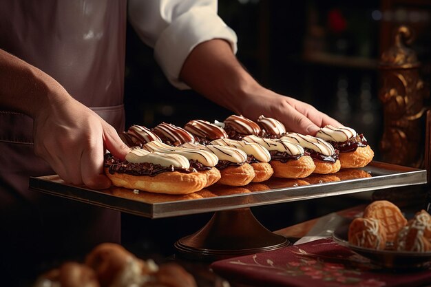 Zdjęcie ręce szefa kuchni palą specjalną eclair