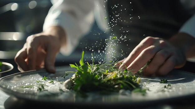 Zdjęcie ręce szefa kuchni przygotowują pyszne danie posypane solą i ziołami