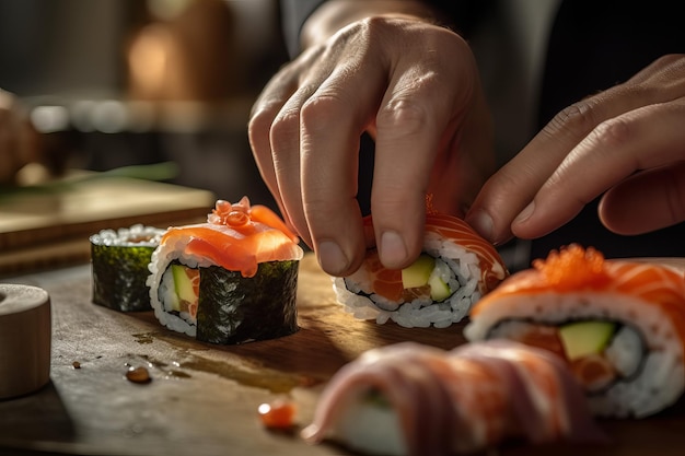 Ręce szefa kuchni przygotowujące kucharza sushi Wygeneruj Ai