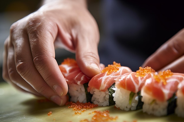 Ręce szefa kuchni przygotowujące sushi Generowanie Ai