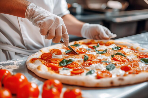 Ręce szefa kuchni w białych rękawiczkach dekorują pizzę pomidorami