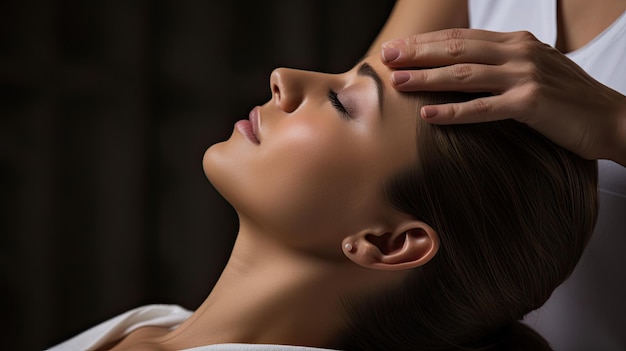Ręce terapeuty wykonujące masaż głowy na szyi kobiety w relaksacji spa
