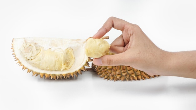Ręce to skórki duriana Durian Żółte mięso jeść bardzo świeże Selective Focus