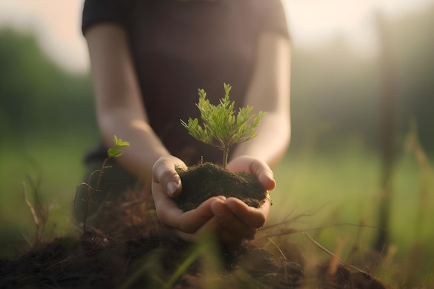 Ręce trzymają młodą roślinę na zielonym naturalnym tle Generative AI 4