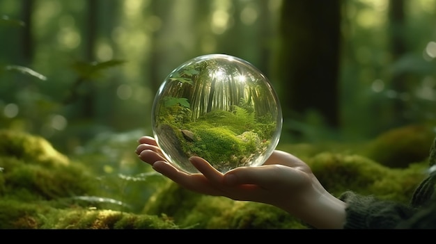 Ręce Trzymając Kulę Szklaną W Zielonym Lesie Środowisko Koncepcja Generatywne Ai