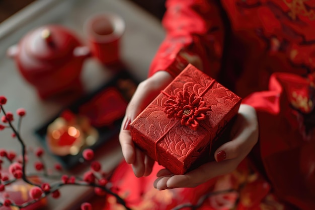Ręce trzymające czerwone pudełko z prezentami na chiński Nowy Rok