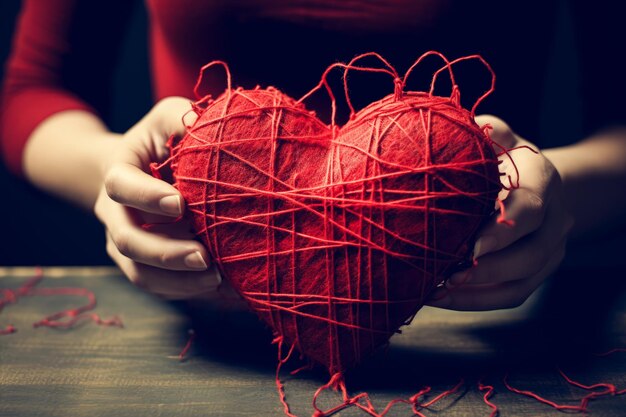 Ręce trzymające czerwone serce z szpilkami i igłami, szyjące złamane serce.