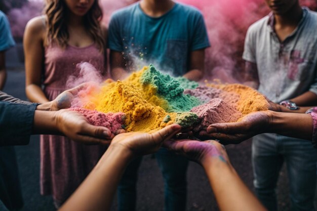 Zdjęcie ręce trzymające farba na festiwalu holi jasne kolory holi w rękach dzieci