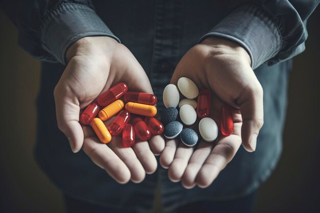 Zdjęcie ręce trzymające kapsułki z lekami