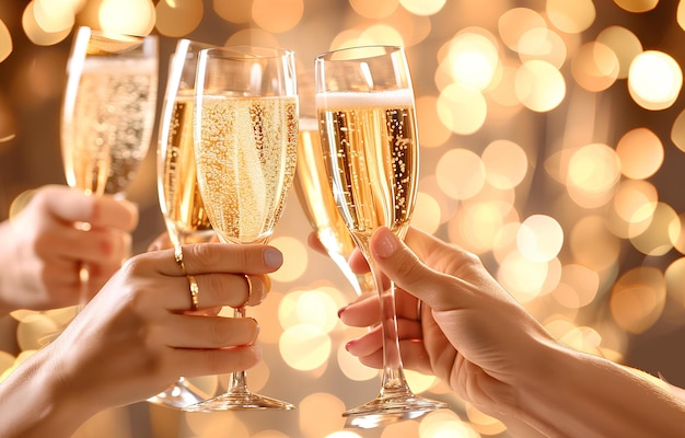 Ręce trzymające kieliszki z szampana ludzie cheering z kieliszkami na pastelowym tle bokeh