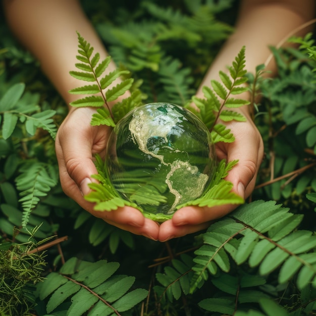 Ręce trzymające kryształową kulę z Ziemią w środku otoczoną zielonymi liśćmi