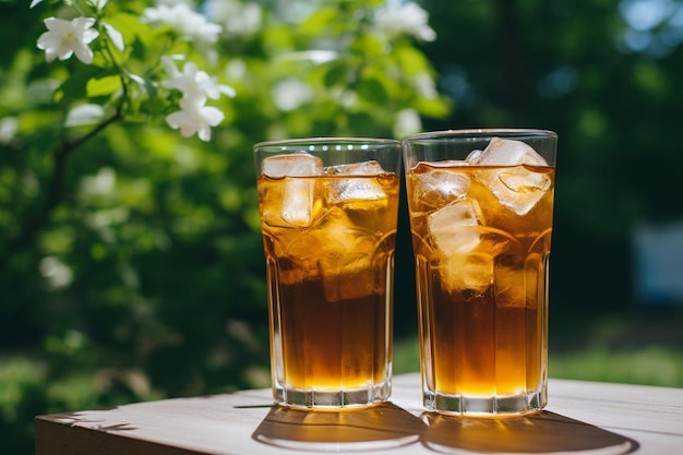 Ręce trzymające odświeżającą szklankę herbaty lodowej na letnim tle na świeżym powietrzu