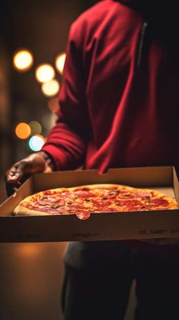 Ręce trzymające pudełko po pizzy Pizza jest gotowa do dostawy Generacyjna sztuczna inteligencja