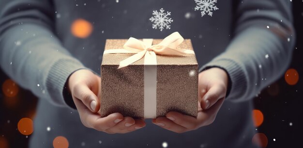 Ręce trzymające pudełko z papierem rzemieślniczym jako prezent na Boże Narodzenie, Nowy Rok, Dzień Świętego Walentynki lub rocznicę, widok z góry stworzony za pomocą technologii Generative AI