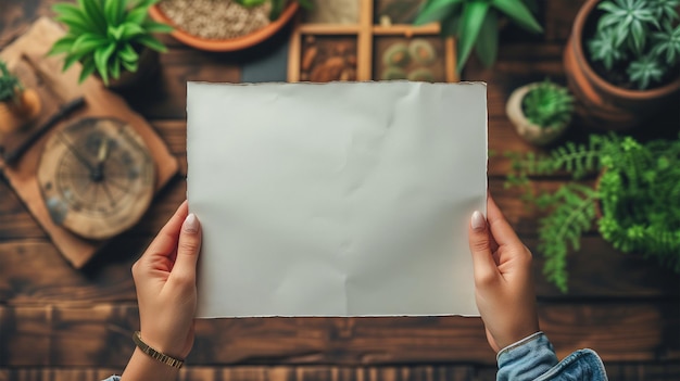 Zdjęcie ręce trzymające pusty makietę papieru