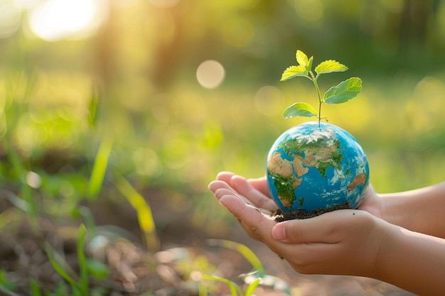 Ręce trzymające roślinę rosnącą z World Globe dla globalnego zrównoważonego zdrowia