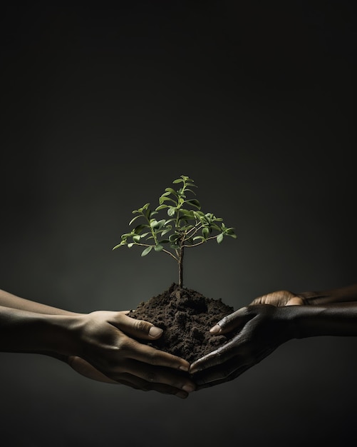 Ręce trzymające rosnące drzewo Organiczny kontrast