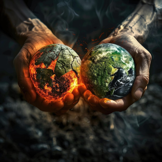 Zdjęcie ręce trzymające rozbity świat jedna strona kwitnie druga zanieczyszczona pokazując wpływ wyborów