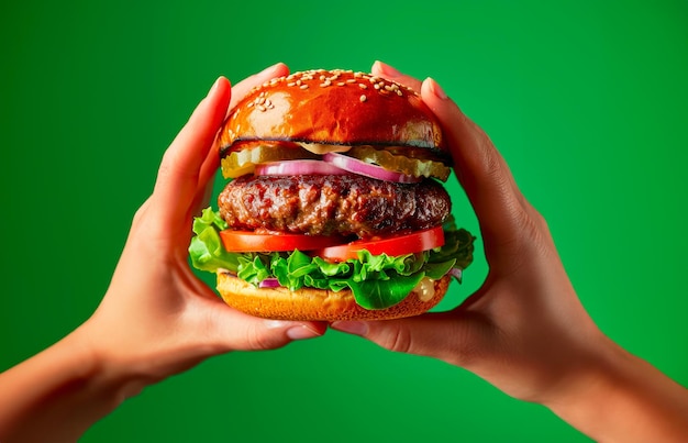 Ręce trzymające smaczną bułeczkę hamburgerową topiący cheddar ser hamburger pomidor sałatka zielony tło