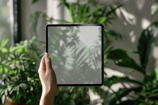 ręce trzymające tablet z pustym ekranem dla makiet zielonych roślin w tle ai generowane
