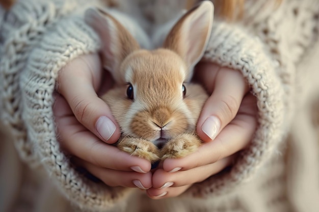 Ręce trzymające uroczego króliki.