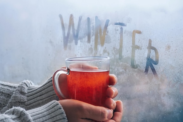 Ręce w ciepłym białym swetrze trzymają kubek gorącej herbaty przy oknie w zimowy dzień