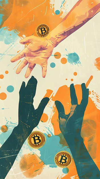 Ręce wyciągające się po Bitcoina na akwarelowym papierze tekstura ilustracja kryptowaluta Tło
