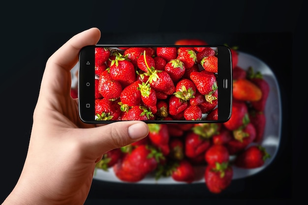 Ręce z telefonem robią zdjęcia truskawek Dojrzałe świeże truskawki