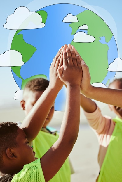 Ręce ziemi i piątka dzięki współpracy dzieci-wolontariuszy w celu wsparcia pracy zespołowej, pomocy i społeczności Przyjaciele dłoni i dzieci łączą się w zmieniającym się świecie i partnerstwie na rzecz środowiska planety lub celu