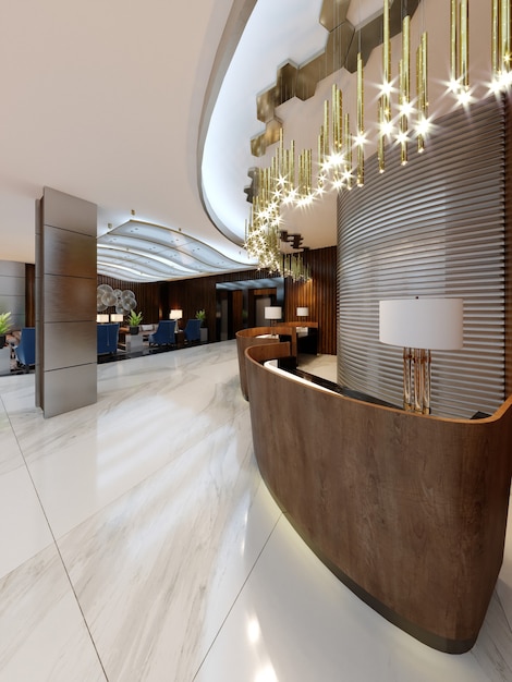 Zdjęcie recepcja w nowoczesnym hotelu z drewnianymi ladami recepcyjnymi i dużymi, pozłacanymi żyrandolami. renderowania 3d.