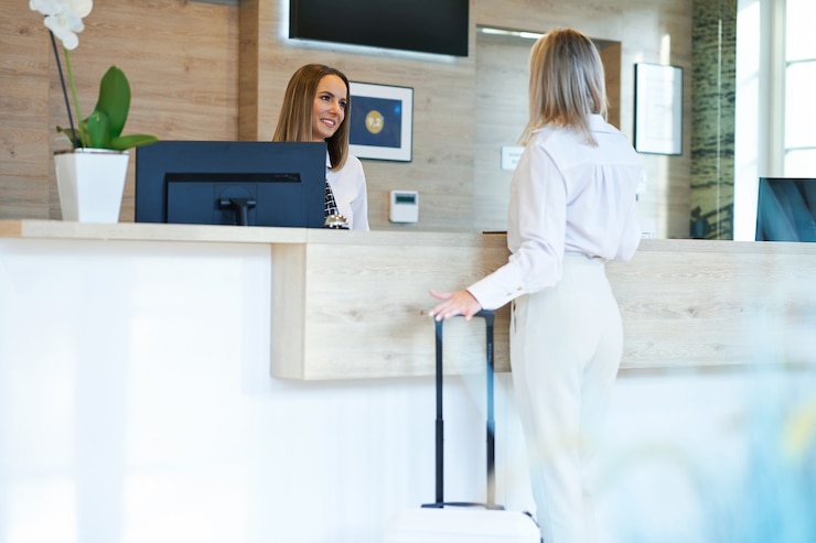 Zdjęcie recepcjonistka i bizneswoman w recepcji hotelu