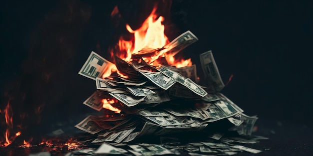 Zdjęcie recesja płonące pieniądze dolary w ogniu generacyjna sztuczna inteligencja